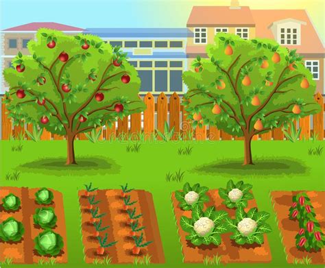 Jardín de la historieta con las verduras y los árboles frutales ilustración del vector en 2021 ...