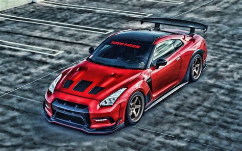 Download wallpapers Nissan GT-R, HDR, R35, tuning, parking, supercars, red GT-R, Nissan GTR HDR ...