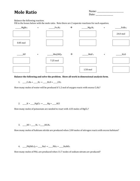 Mole Ratios And Mole To Mole Conversions Worksheets Answers