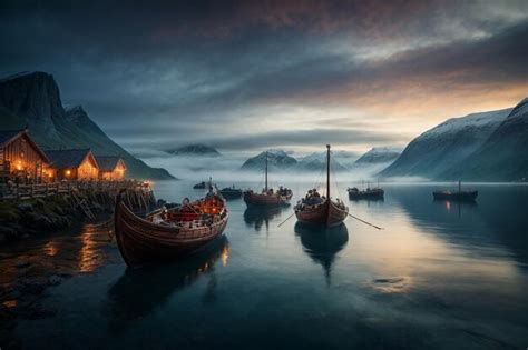 Premium AI Image | Nordic Saga Viking Ships at Twilight