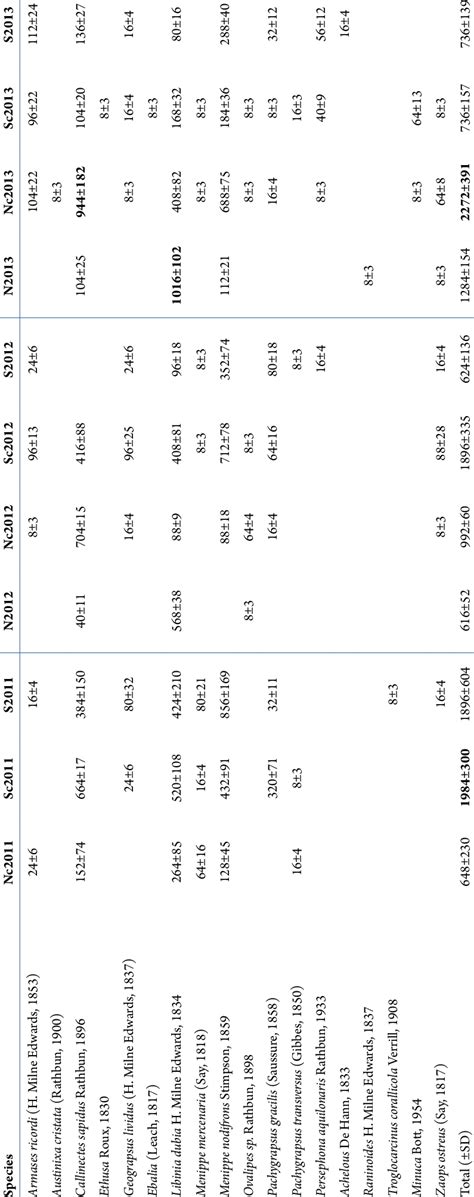 List and density of species of Brachyura zoea I per transect. North... | Download Scientific Diagram