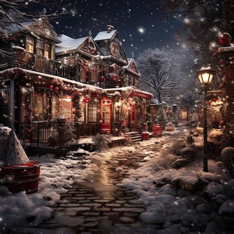 Premium Photo | Winter snowy small city street with lights in houses ...