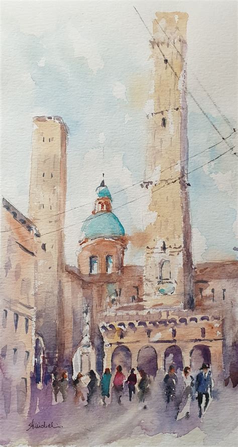 Bologna the towers original watercolor painting, Bologna cityscape ...