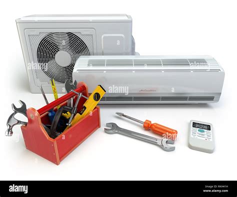 Air conditioner with toolbox and tools. Repair of air-conditioner concept. 3d Stock Photo - Alamy