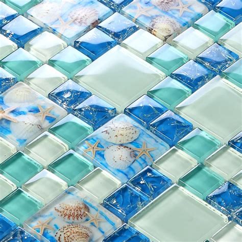 Beach style sea blue glass tile mother of pearl resin chips green aqua ...