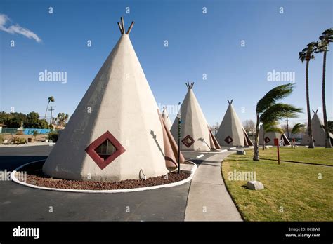 Teepee-shaped motel rooms at Wigwam Motel on Route 66 in Rialto, California Stock Photo - Alamy