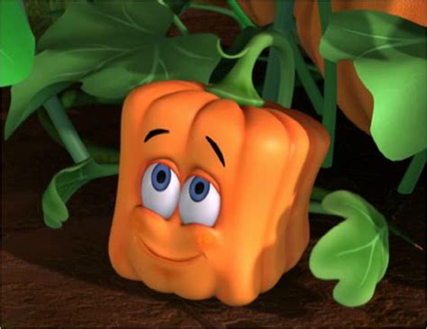 a cartoon pumpkin with eyes and nose sitting on the ground in front of some leaves