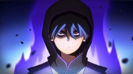 an anime character with black hair and blue eyes wearing a hoodie in front of a purple background