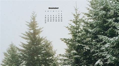 a calendar with trees in the background and snow on the ground around it for december