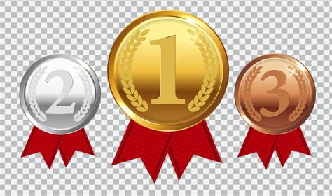 Champion Gold, Silver and Bronze Medal with Red Ribbon. Icon Sign of First, Second and Third ...