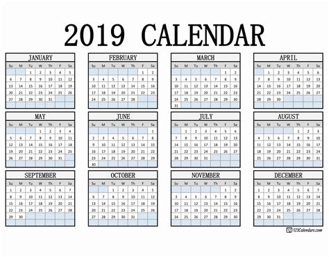 2019 Printable Calendar - 123Calendars.Com