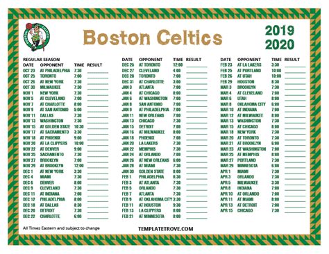 Boston Celtics Printable Schedule