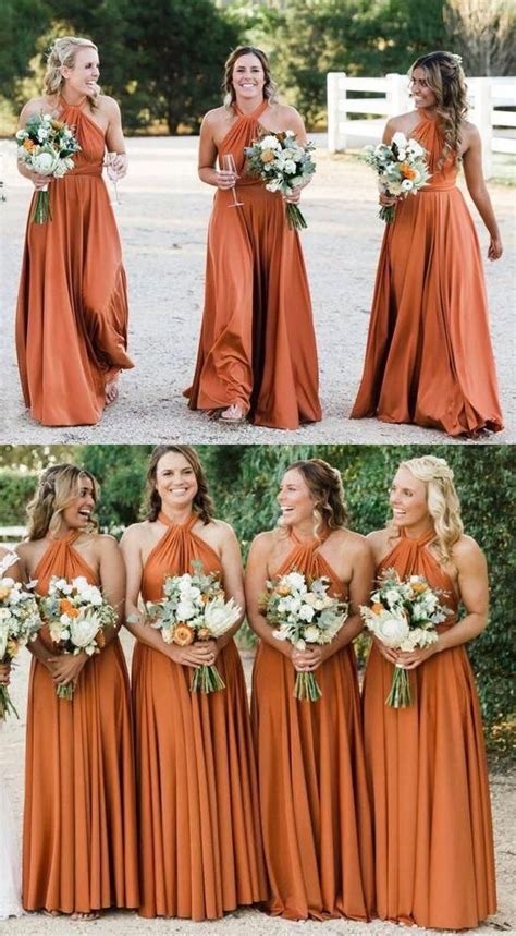 Dark Orange Halter Long Bridesmaid Dresses for Wedding from dressydances | Fall bridesmaid ...