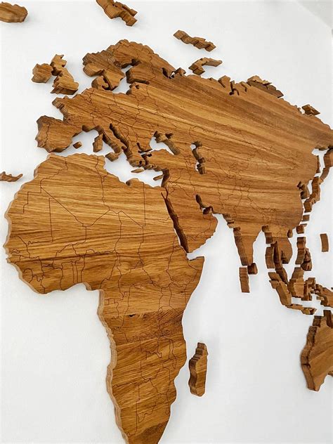 Large Wooden World Map, Solid Oak, 100x200 cm, Boarders, Handmade, Wall ...