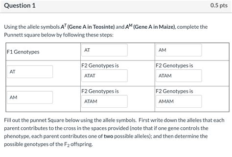 Question 1 0.5 pts Using the allele symbols AT (Gene | Chegg.com