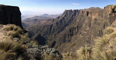 Winter hiking in Drakensberg, South Africa. This photo was taken at the top of Tugela Falls, the ...