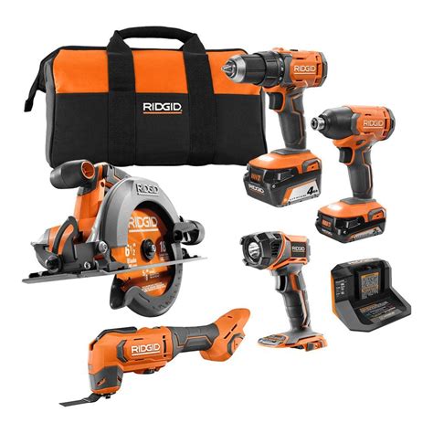 Home Depot: RIDGID 18V Cordless 5-Tool Combo Kit with (1) 2.0 Ah Battery, (1) 4.0 Ah Battery ...