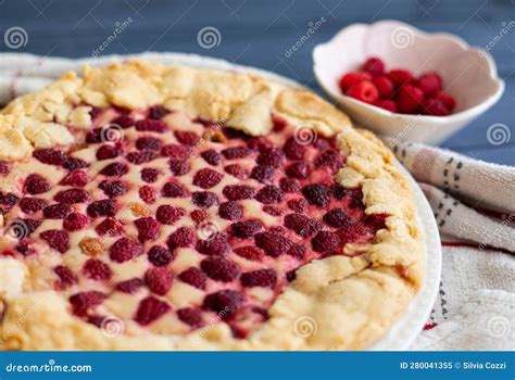 Raspberry Cake on Blue Table, Side View, Close Up Stock Image - Image ...