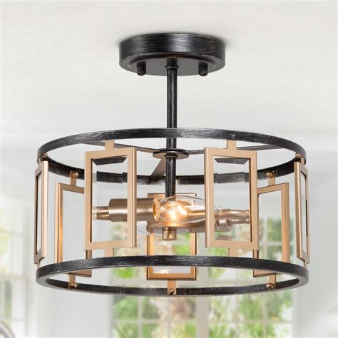 Uolfin Modern Semi Flush Mount Lighting, 2-Light Antique Brushed Black and Brass Gold Kitchen ...