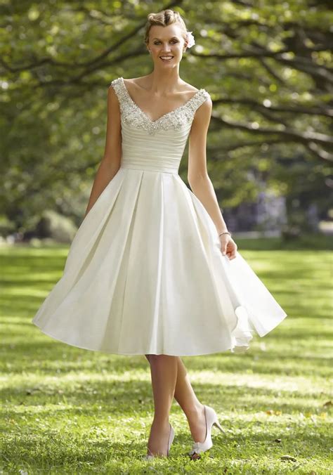 wedding dress elegant lace tea length dresses satin v neckline short a ...