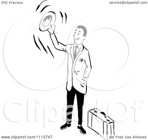 Clipart Retro Black And White Traveling Businessman Waving Goodbye With His Hat - Royalty Free ...