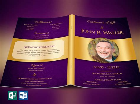 Purple Gold Regal Funeral Program Template Word Template, Publisher Celebration of Life 8 Pages ...