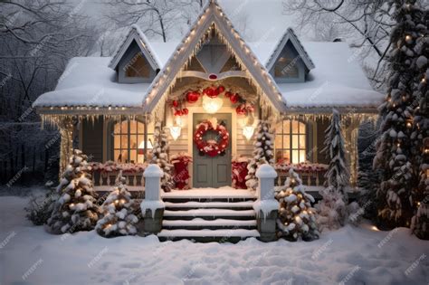 Premium AI Image | Decorated house from the outside for Christmas snow