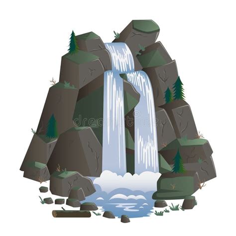 Waterfall. Cartoon Landscapes with Mountains and Fir Trees Stock Vector - Illustration of ...