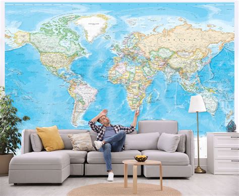 "[Giant World Map Wall Mural - Standard Blue Ocean] - Wall-sized self ...