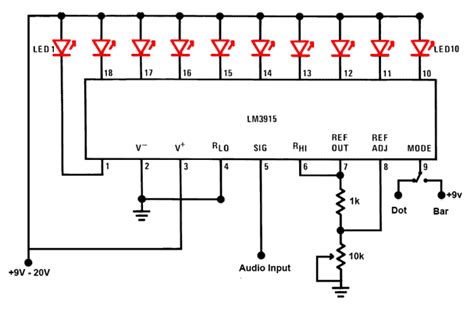 LED Sound level display circuit by using IC LM3915 | Circuit Schematic ...