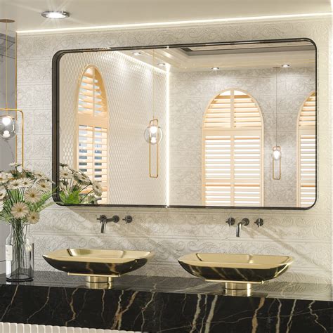 TETOTE 48x30 Inch Bathroom Mirror, Matte Black Modern Metal Frame Rectangle Wall Mounted Vanity ...
