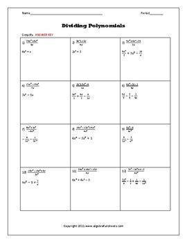 Dividing Polynomials by Monomials Worksheet by Algebra Funsheets