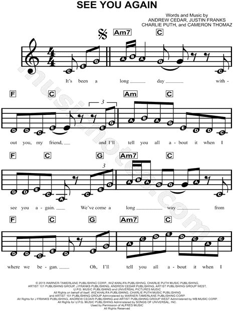 Wiz Khalifa feat. Charlie Puth "See You Again" Sheet Music for ...