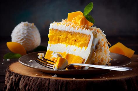 Premium Photo | A slice of mango cake on a plate with a fork.