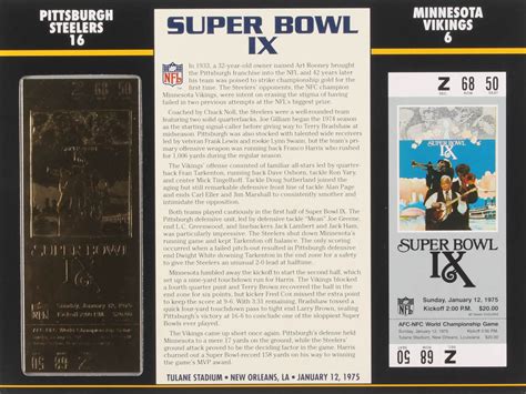 Super Bowl IX Commemorative Score Card with 23kt Gold Ticket | Pristine ...