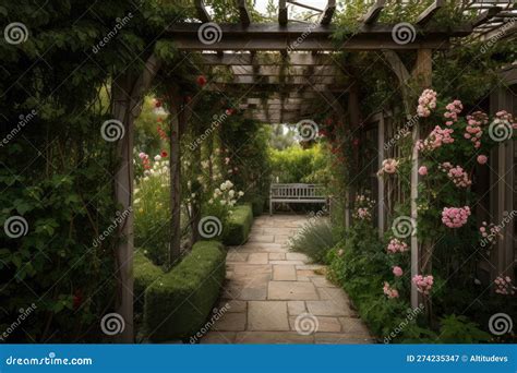 Pergola Covered in Climbing Roses and Surrounded by Lush Greenery Stock Illustration ...