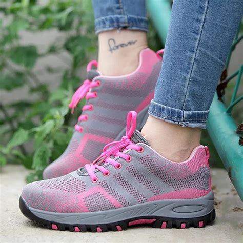 Women's Pink Mesh Upper Lace Up Puncture Proof Anti-Smashing Steel Toe Work Safety Shoes ...