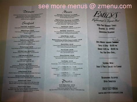 Menu at Emily’s pub & bar, Beaufort