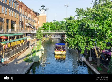 Oklahoma City, USA - October 25th, 2023: View of water taxi on the Bricktown Canal in United ...