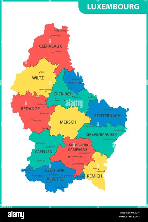 The detailed map of the Luxembourg with regions or states and cities ...