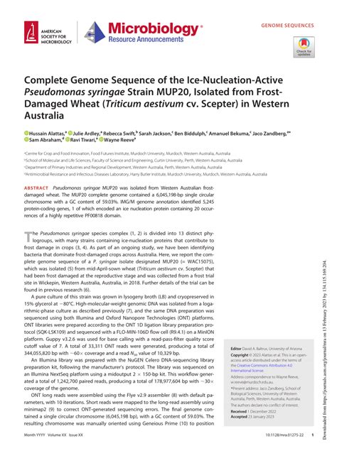 (PDF) Complete Genome Sequence of the Ice-Nucleation-Active Pseudomonas syringae Strain MUP20 ...