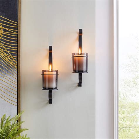 Amazon.com: Vintage Black Wall Sconce Candle Holder Set (2) with Smoke Glass Hurricanes Modern ...