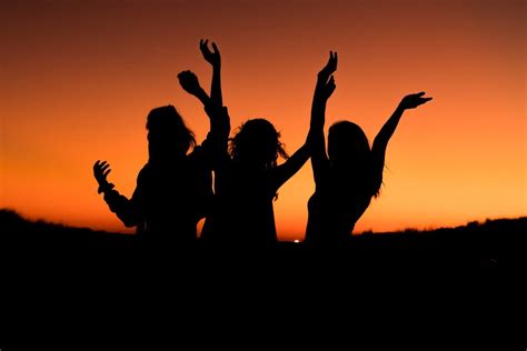 Silhouette of a group of friends celebrating in an orange sunset | Friend pictures, Photo ...