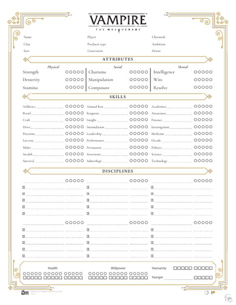 Vampire the Masquerade Character Sheet - 5th Edition, White Download ...