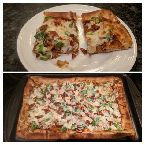 [Homemade] Stuffed crust BBQ chicken pizza W/green peppers, caramelized ...