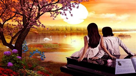 girl, happiness, love, lovers, sunset, piano, romantic scenery, evening, friendship, 1080P, lake ...