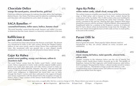 Menu at Saga, Gurugram