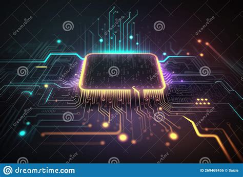 Glowing Neon Circuit Board Chip Tech Background. Generative AI Stock Illustration - Illustration ...