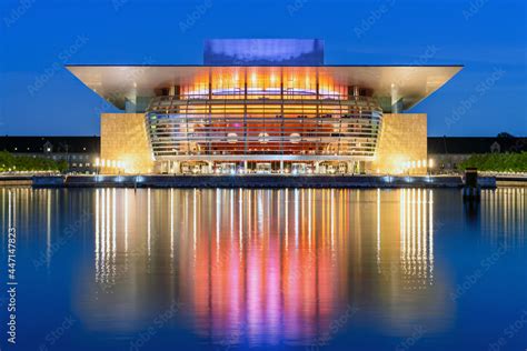 Copenhagen, Denmark - June 28, 2018: The Royal Danish Opera House at night. It was designed by ...