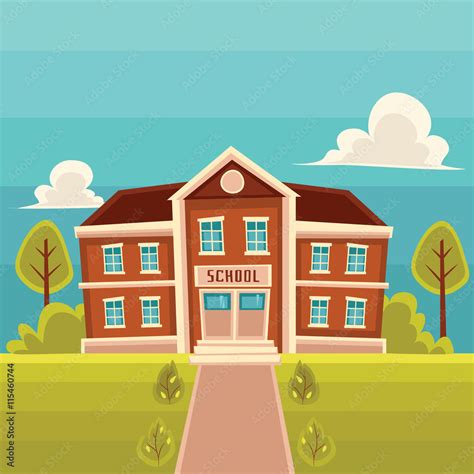 School building cartoon vector illustration on landscape background ...